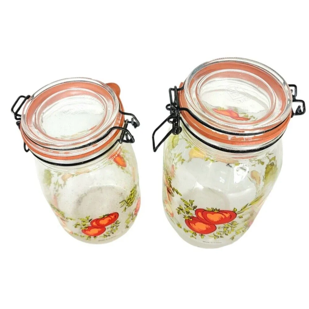 VTG 70s MCM Spice of Life CorningWare Glass Mushroom Vegetable Jars 1.5  2 liter